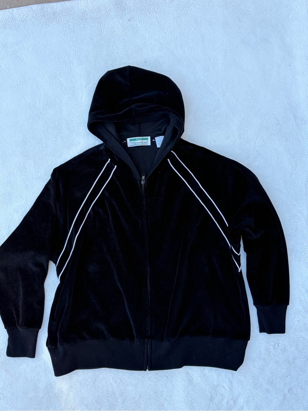 Shenanigans Petite Black Velour Zip Hoodie with White Piping. Petite Large